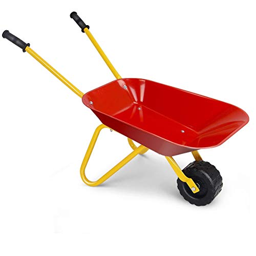 Costzon Kids Wheelbarrow, Metal Construction Toys Kart, Child Wheel Barrel w/Non-Slip Handle, Wearable Wheels, Yard Rover Steel Tray, Tote Dirt/Leaves/Tools in Garden for Toddlers (Red) - color: Red, size: 29" x 14" x 17"( L x W x H )