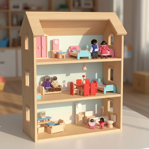 Sumind 35 Pcs Wooden Dollhouse Furniture and 8 African American Dolls Set for Inclusive Creative Play Fits Most 1 12 Scale Miniature Houses Easter Gift for Boys Girls - style: African-American Dolls