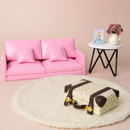 1:12 Dollhouse Leather Double Sofa&Pillows, Living Room Accessories Decor - color: Yellow