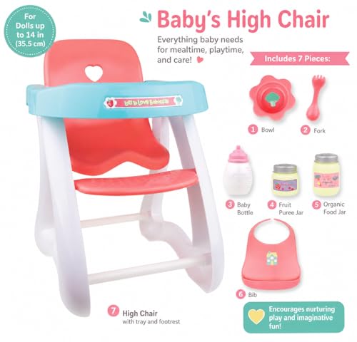 JC Toys - Doll High Chair | Fits Dolls up to 17" | Easy to Clean | Simple Assembly | 7 Piece Play Set| Ages 2+, Pink/Blue - color: Pink/Blue High Chair Set