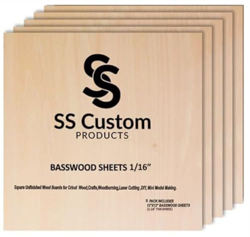 Basswood Sheets for Crafts - 5 Pack - 12 x 12 x 1/16 Inch - 1.5mm Thick Plywood Sheets with Smooth Surfaces - Bass Wood for Laser Cutting, Wood Burning, Architectural Models, Staining, Drawing - color: Basswood Pack of 5