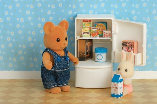 Family Dollhouse Refrigerator Set — Mini Fridge with Opening Doors, Interior Shelves, Milk Carton, Yogurt Tub, Ice Cream Cups & Topping Jars — Dollhouse Furniture & Accessories for Ages 3+ - style: Refrigerator Set