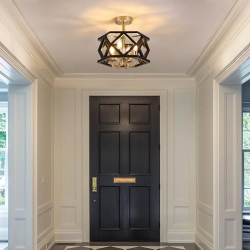 Black and Brushed Gold Semi Flush Mount Ceiling Light, Farmhouse Modern Light Fixture, 4-Light Metal Hallway Ceiling Lamp, Small Chandelier for Foyer Entryway Porch Bedroom Kitchen, E12 Base - color: Black & Gold