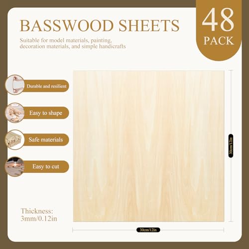 48 Pack Basswood Sheets 12"x12"x1/8" 3mm Basswood for Laser Cutting Laser Engraving Blanks Craft Wood 1/8 Plywood for Laser Cutting for DIY Ornaments and Model Engraving Wood Burning - color: 48Packs Basswood