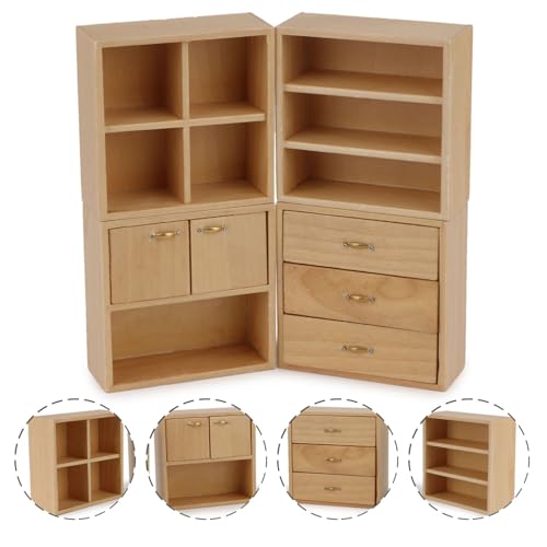 Dollhouse Miniature Furniture Set 4PCS Wooden Cabinet Cupboard 1:12 Dollhouse Various Styles Decoration DIY Freely Combinable Furniture Kit Kitchen Bedroom Living Room Display Ornaments (Wood) - style: Wood