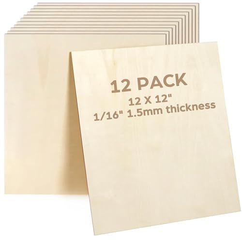 LotFancy Basswood Sheets, 12 Pack, 12 x 12 x 1/16 Inch, Plywood Sheets with Smooth Surfaces, 1.5mm Craft Wood Board for Laser Cutting, DIY Architectural Models, Wood Burning and Staining - size: 12 x 12 x 1/16 12pcs