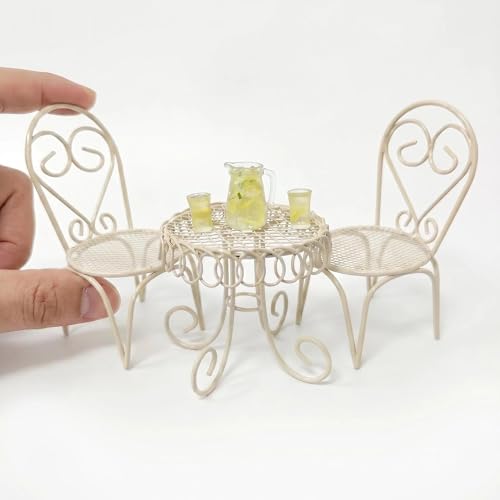 6 PCS Dollhouse Mini Bistro Table & Chairs Set with Resin Lemon Tea Set - color: Beige