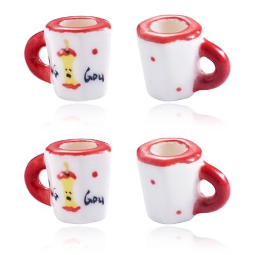 2Pcs Porcelain Mini Tea Cups for Dollhouse Decor, Red Ceramics Coffee Mug Cup Decorations Apple Pattern Tiny Drink Beverage Dollhouse Kitchen Accessories for Micro Landscape Decor - color: Red