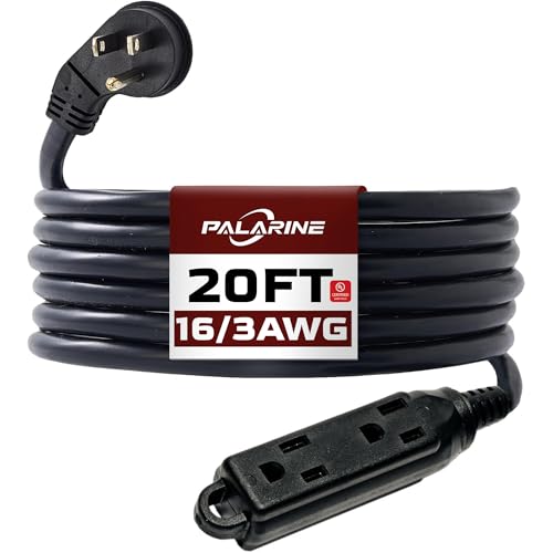 20 Ft Black Flat Plug Extension Cord with 3 Outlets, 16 Gauge Heavy Duty - color: Black, size: 20 FT