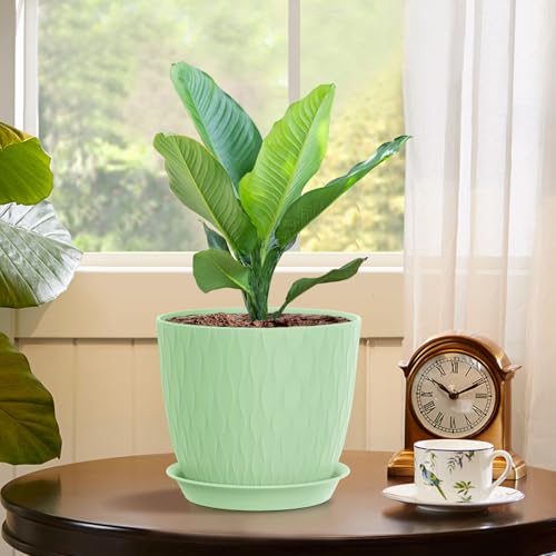 WSMKSZ 7 inch Flower Pots, 5 Pack Plant Pots with Drainage Holes and Saucers for Indoor Plants, Plastic Planters with Water Ripple for Small Garden House Plants, Nursery Pots for Succulent, Green - color: Green, size: 7inch 5pcs