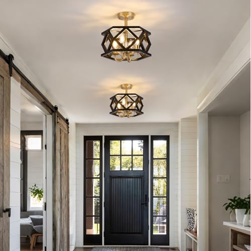 Black and Brushed Gold Semi Flush Mount Ceiling Light, Farmhouse Modern Light Fixture, 4-Light Metal Hallway Ceiling Lamp, Small Chandelier for Foyer Entryway Porch Bedroom Kitchen, E12 Base - color: Black & Gold