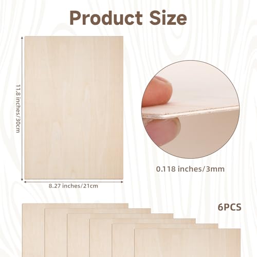 6 Pack Basswood Sheets 1/8, 12"x8" Basswood Plywood, 3mm Laser Engraving Blanks Unfinished Wood Crafts, Craft Supplies & Materials for DIY Ornaments, Model Engraving, Drawing