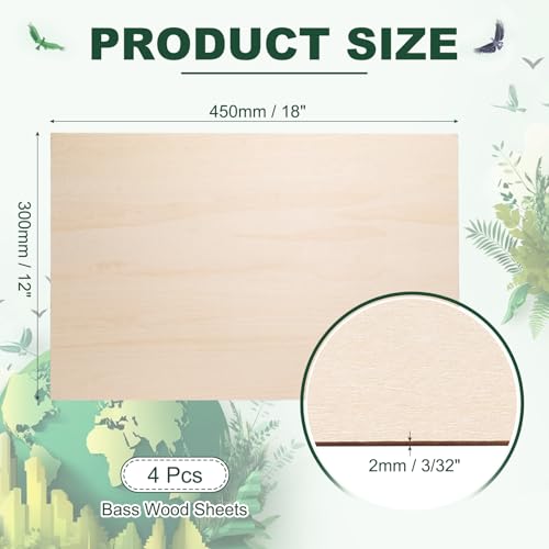 HARFINGTON 4pcs 2mm Basswood Plywood Sheet 12"x18"x3/32 Thin Plywood Board - size: 12"x18"x3/32"(2mm Thick)
