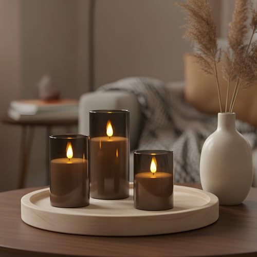 NICEME Flickering Flameless Candles with Remote Timer Unbreakable Acrylic Battery Operated LED Candles with Flickering Flame 3D Wick for Romantic Ambience Home Decor Set of 3, D3” xH4” 5” 6” Gray - color: Ivory + Gray Acrylic, size: D 3”×H 4”5”6”