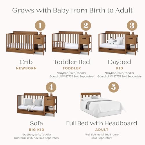 Delta Children Maya 5-in-1 Convertible Crib and Changer with Storage, Converts to Toddler Bed, Daybed, Sofa & Full Bed, Greenguard Gold Certified, 3 Mattress Heights for Baby, Chestnut - color: Chestnut