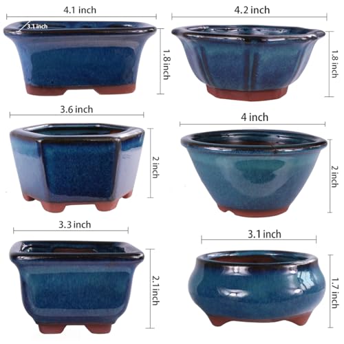 MUZHI 6PACK Glazed Bonsai Pot Planter 3" 4” Small Succulent Pots, Yixing Zisha Decorative Mame Bonsai Training Pot or Small Flower Cactus Starter Growing Planters Containers Blue - color: 6pcs Pots