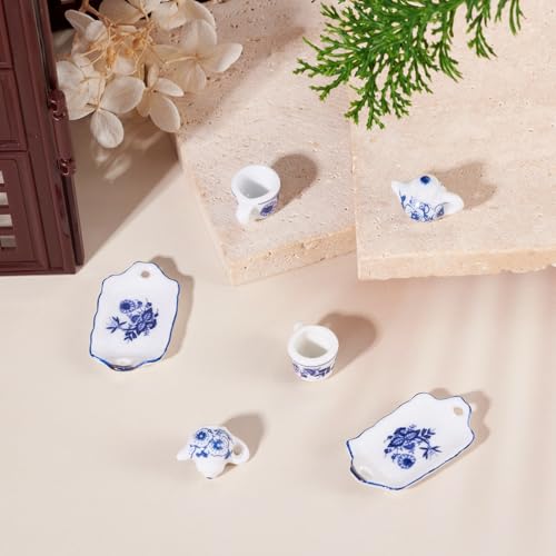 6Pcs Porcelain Cup Charms 3 Styles Miniature Ceramics Cup Teapot Plate Mini Tea Cups Hanging Pendant with Flower for Keychains Earrings Jewelry Making - color: White With Blue Flower-3 Styles