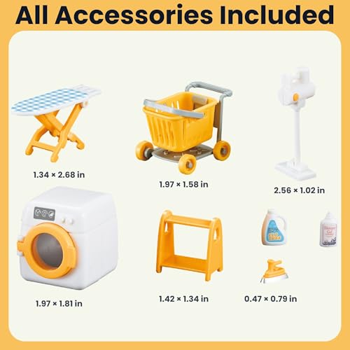 Family Dollhouse Laundry Set — Washing Machine, Ironing Board & Iron, Vacuum, Storage Stand & Rolling Cart — Dollhouse Furniture & Accessories for Ages 3+ - style: Laundry Set