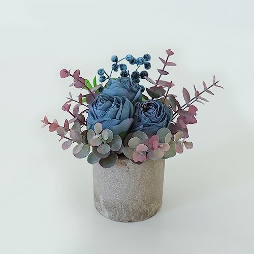 Artificial Burnt Blue Rose Potted Plant, Mini Faux Floral Decor - color: Burnt Blue