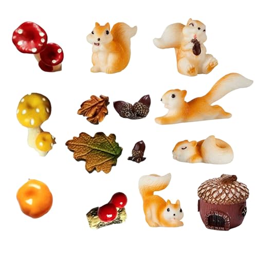 14 Pcs Miniature Squirrel Figurines Mushroom Decors Tiny Resin Squirrel Mushroom Fairy Ornament for Outdoor Landscape Garden Lawn Pot DIY Cake Decorations