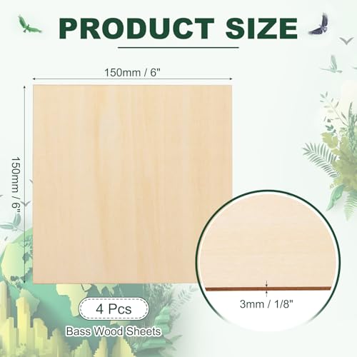 HARFINGTON 4pcs 3mm Basswood Plywood Sheet 6"x6"x1/8" Thin Plywood Board - size: 6"x6"x1/8"(3mm Thick)