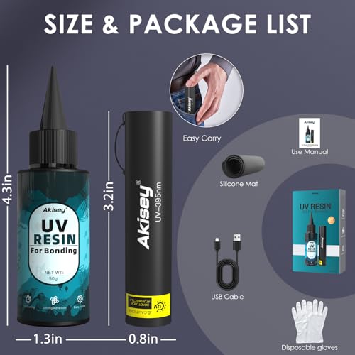 Akisey 50g UV Resin Kit with Light for Bonding & Fast Curing in Seconds - size: 50g