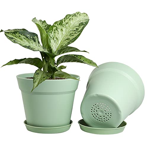 WOUSIWER 16 Pack 6 inch Plastic Planters, Plastic Indoor Planter Flower Pots, Heavy Duty and Stylish 6 Inch Plant Pots for Indoor Plants with Drainage Holes and Tray for Plants Flowers, Green - color: Green