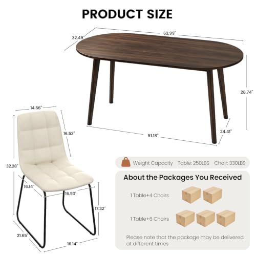 63" Oval Dining Table Set for 4 with Solid Wood Legs - color: Walnut Table C-beige Chairs
