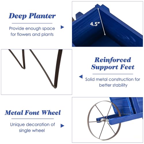 S AFSTAR Wood Wheelbarrow Planter, Small Flower Plant Pot Wheelbarrow Cart with Metal Wheel & 9 Replaceable Magnet Accessories, Wooden Wagon Planter Wheelbarrow for Outdoor Garden Backyard (Blue) - color: Blue