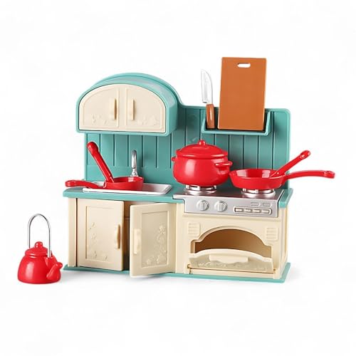 Family Dollhouse Kitchen Set — Miniature Stove, Sink & Oven with Frying Pan, Saucepan, Kettle, Utensils & Cutting Board — Dollhouse Furniture & Accessories for Ages 3+ - style: Kitchen Set