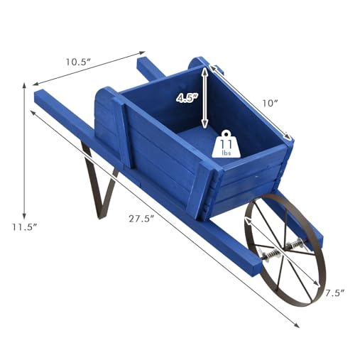 S AFSTAR Wood Wheelbarrow Planter, Small Flower Plant Pot Wheelbarrow Cart with Metal Wheel & 9 Replaceable Magnet Accessories, Wooden Wagon Planter Wheelbarrow for Outdoor Garden Backyard (Blue) - color: Blue