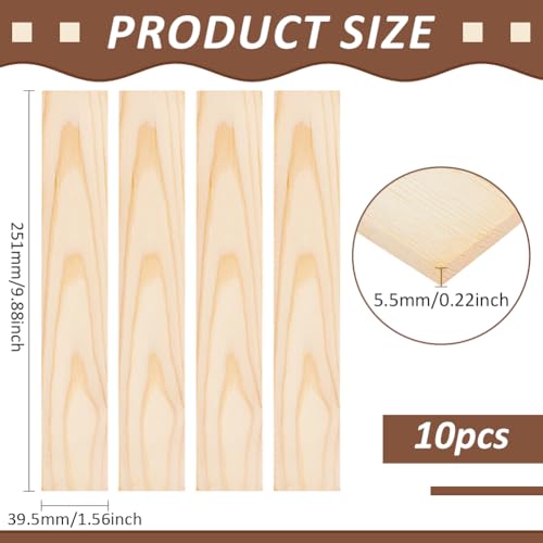 BENECREAT 10pcs Unfinished Wood Blocks, 10 x 1.5inch Rectangle Pine Wood Board, 5.5mm Thick Sheets Carving Blocks for Arts Crafts DIY, Paintings Panel