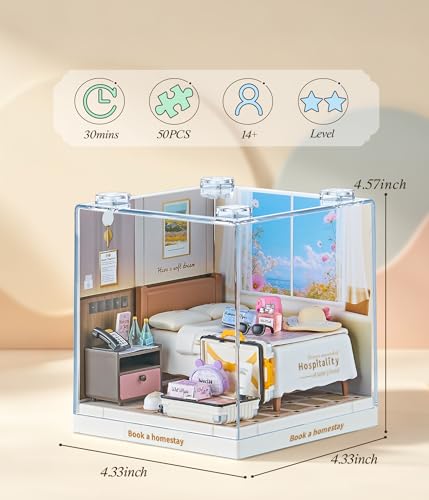 Cozy Hotel Room Super Miniature House Kit - DIY Plastic 3D Model Building Set for Teens, Build Your Own Warm Hotel Bedroom Scene with Travel Accessories, Creative Craft Gift for Girls Women - color: Book a Homestay, size: Small