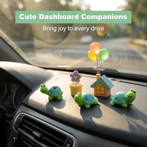 4 Pcs Mini Resin Tortoise Figurines with Blue Small House Balloon, Small Flowerpot, Cute Car Dashboard Decor, Rearview Mirror Ornaments, Fairy Garden Landscape Decor
