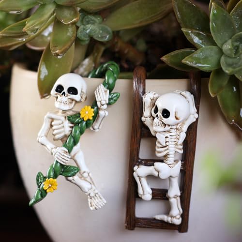 2 PCS White Skeleton Statues Pot Hugger Decorations for Plant, Miniature Skull Garden Decor Outdoor Figurines Plant Hangers Decor for Flower,Yard,Lawn Ornaments (Multicolor) - color: Multicolor