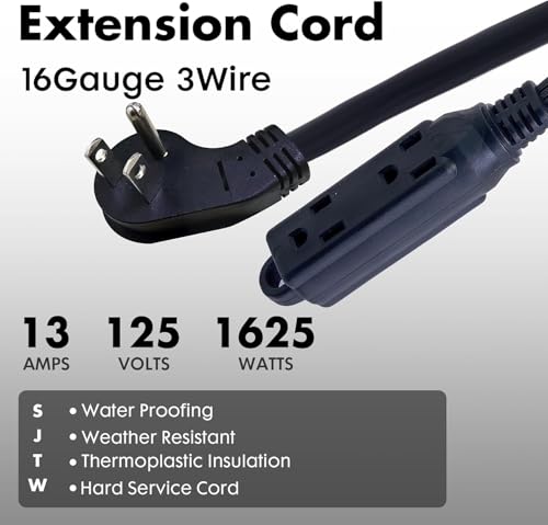 30 Ft Black Flat Plug Extension Cord with 3 Outlets, 16 Gauge Heavy Duty - color: Black, size: 30 FT