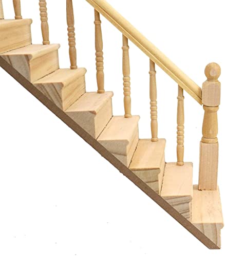 Miniature Stairs 1:12 Scale Dollhouse Furniture Wooden Handrail DIY Unpainted Staircase Dollhouse Accessories Pre-Assembled Steps Model (Right-Handrail) - style: Right-Handrail