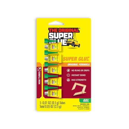 Super Glue Gel, 5 Mini Single-Use Tubes, Clear, Instant Bonding, No-Drip Formula, Cyanoacrylate Adhesive, Precision Tip for Wood, Metal, Plastic, Crafts, Ceramic, and Vertical Surfaces