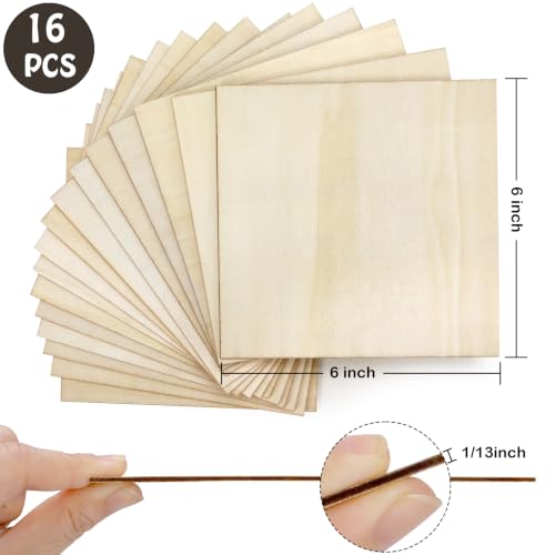 Blisstime 16PCS 6x6 Inch Wood Squares Unfinished Square Wood Pieces for Crafts,Painting, Writing, DIY Supplies, Engraving and Carving, Home Decorations (6x6 Inch 16Pcs) - size: 6x6 Inch 16Pcs