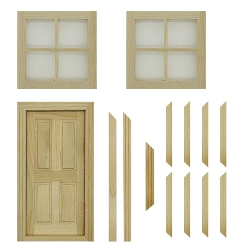Cayway 2 PCS Dollhouse Windows, 1 PCS Miniature Wooden Door,1:12 Scale Mini Window Frame for DIY Dollhouse or Model Town Accessory