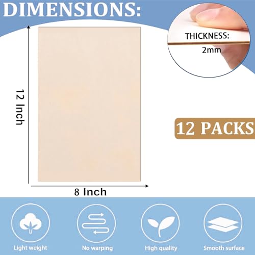 12 Pack Basswood Sheets for Crafts- Thin Plywood Sheets - Balsa Wood Sheets -Unfinished Wood Boards for Painting,Laser Cutting,Engraving,Burning and CNC Cutting - color: 12"x8"x2mm