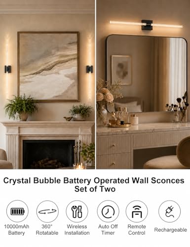 Crystal Bubble Rechargeable Wall Sconces Set of 2, Wireless Modern Lights - color: Black Crystal Bubble