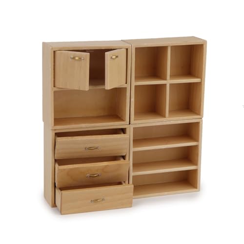 Dollhouse Miniature Furniture Set 4PCS Wooden Cabinet Cupboard 1:12 Dollhouse Various Styles Decoration DIY Freely Combinable Furniture Kit Kitchen Bedroom Living Room Display Ornaments (Wood) - style: Wood