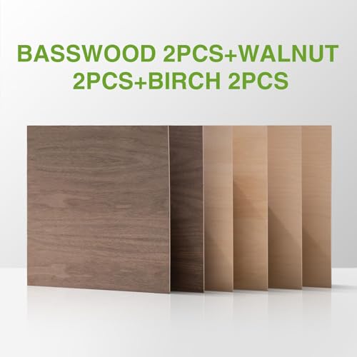 ROBOTIME 6-Pack Laser Wood Sheets | 1/8" & 12 x 12" Basswood + Walnut + Birch - 3mm Plywood for Laser Cutting, Engraving & Pyrography - color: Basswood+Walnut+Birch, size: 1/8" x 12" x 12"-6 Pack