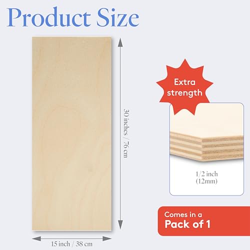 Baltic Birch Plywood 15 x 30 x 1/2 Inch - 12 mm Craft Wood, Pack of 1 B/BB Grade, Stronger Than Basswood Sheets or Balsa Wood, Perfect for Laser, CNC Cutting, Wood Shelves, by Woodpeckers - size: 15" x 30"