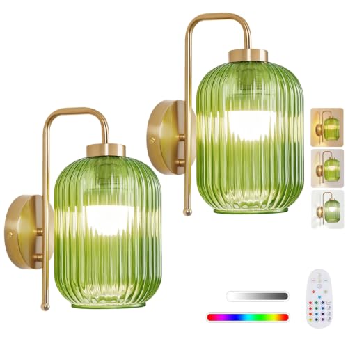 Wireless Rechargeable Battery Operated Wall Sconce with Glass Lampshade - color: Gold-Green Shade