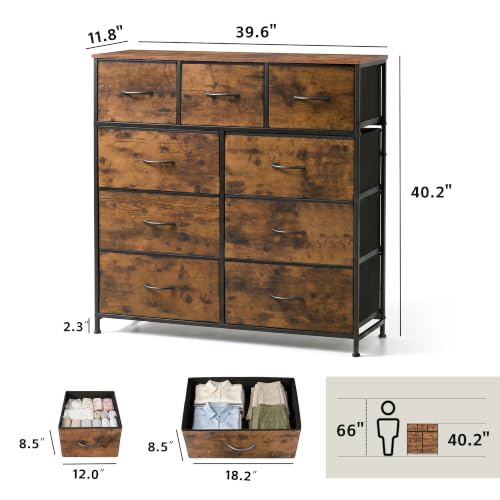 WLIVE Tall Dresser for Bedroom, 9 Drawer Chest of Drawers, Rustic Brown - color: Rustic Brown Wood Grain Print