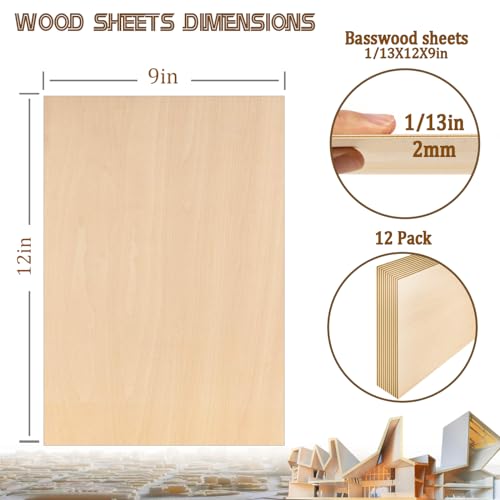 12 Pack Basswood Sheets 9"x12"x1/13, 2mm Basswood for Laser Cutting, Thin Plywood Unfinished Wood Pieces for Crafts, DIY Architectural Models Making, Wood Engraving, Wood Burning (12x9inX2mmX12pcs)