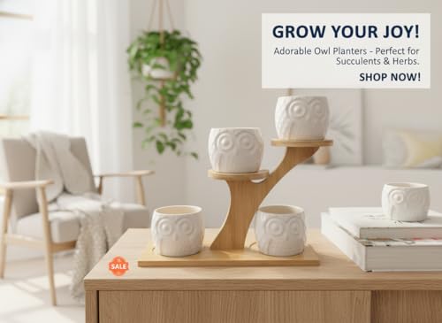 Blisse Wood Owl Planter Set for Home Décor - White Ceramic Owl Pots with Wooden Stand, Cute Indoor Succulent & Tabletop Planters for Shelves, Windowsills & Gifts - color: White