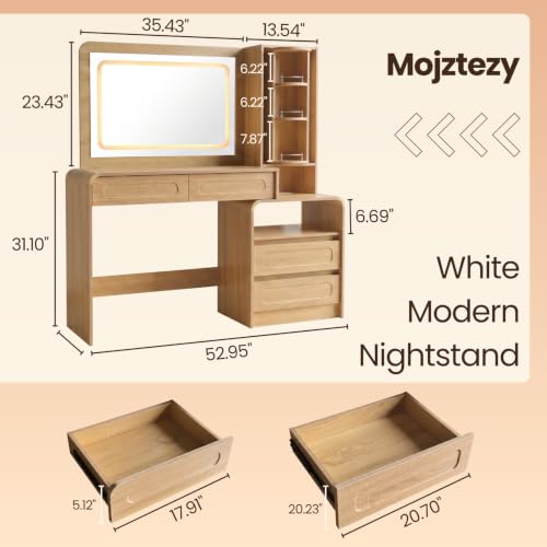 Mojztezy Modern Vanity Desk with Mirror, 4 Drawers Storage, Rotating Jewelry Organizer and USB-C Charging Station for Bedroom Dressing Room